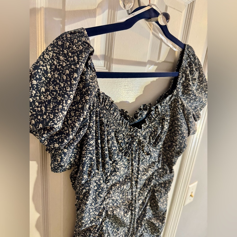 Lulus Reason To Be Mini Dress Ditsy Floral Dusty Blue Off Shoulder Short Sleeve - Picture 3 of 14